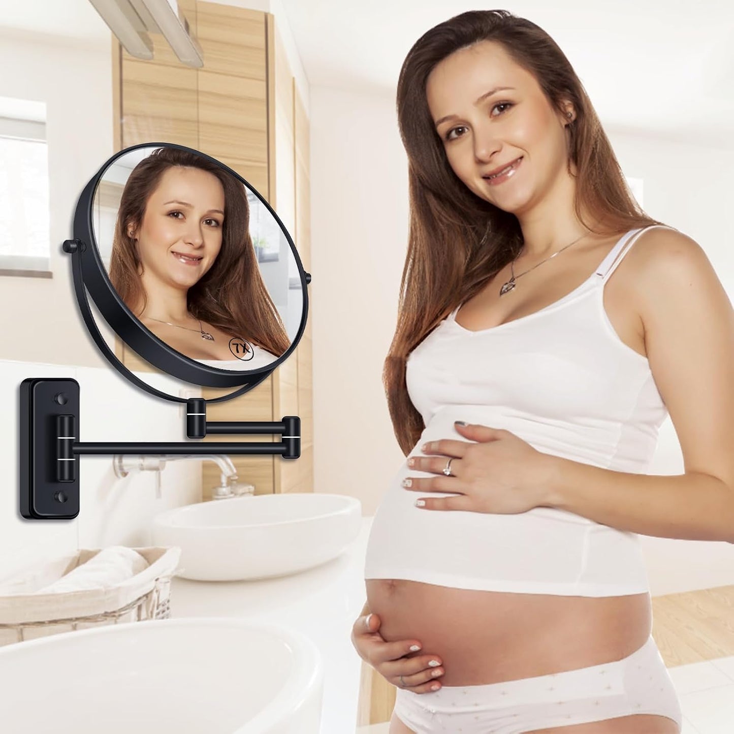 BTremary 8” Wall Mounted Magnifying Makeup Mirror 1X/7X Wall Mount Mirror Swing Arm Two-Sided 360° Swivel Bathroom Shaving Mirror for Men and Women in Hotel/Home, Black