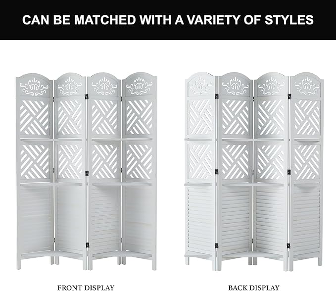 Svimi Room Divider with Shelves, 68.9inch Wood Carved and Louvered Wall Divider - Image 7