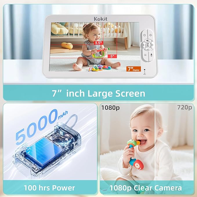 7" 1080P Full HD Split-Screen Baby Monitor, 100 Hrs 5000mAh Battery Runs 4 Days - Image 3