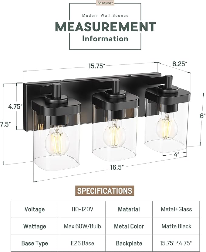 METWET Bathroom Light Fixtures Over Mirror, 3-Light Matte Black Vanity Light - Image 2