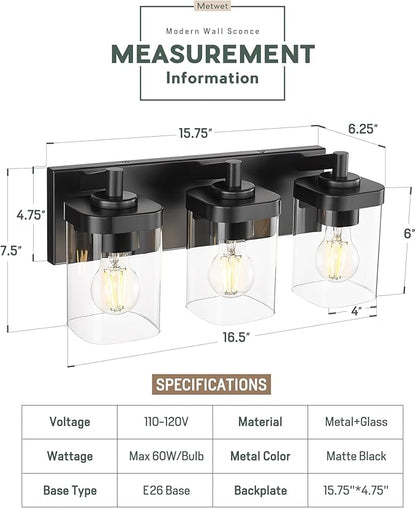 METWET Bathroom Light Fixtures Over Mirror, 3-Light Matte Black Vanity Light - Image 2