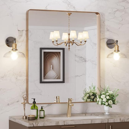 LOAAO 30”X36” Gold Bathroom Mirror, Rounded Rectangle Gold Frame Mirror by LOAAO