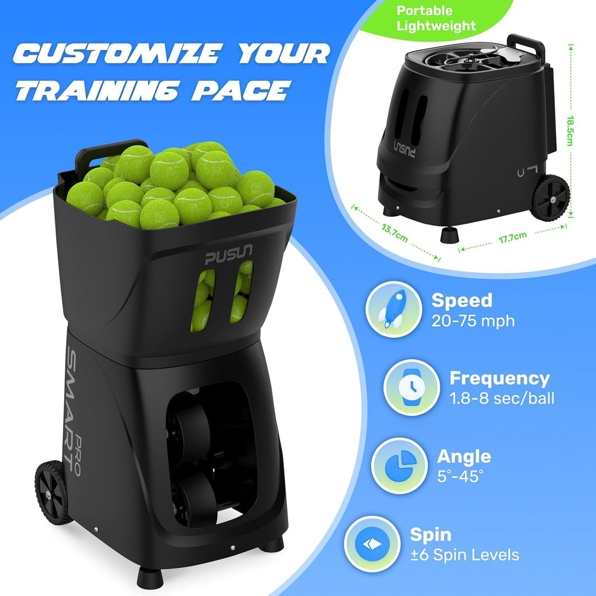 pusun｜pt-smart pro internal oscillation tennis ball machine: app, package contents