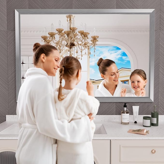 Amorho 60 X40 Inch Bathroom Mirror Silver, Thick Metal Framed Wall Mirrors - Image 6