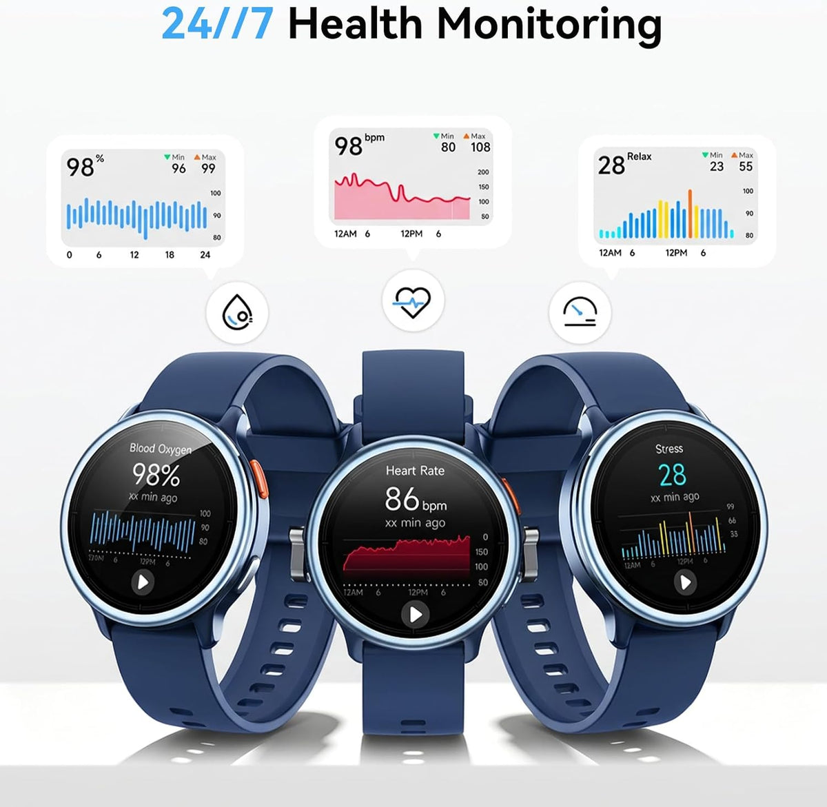 smart watch for men women, 1.27" hd smartwatch showing dimensions