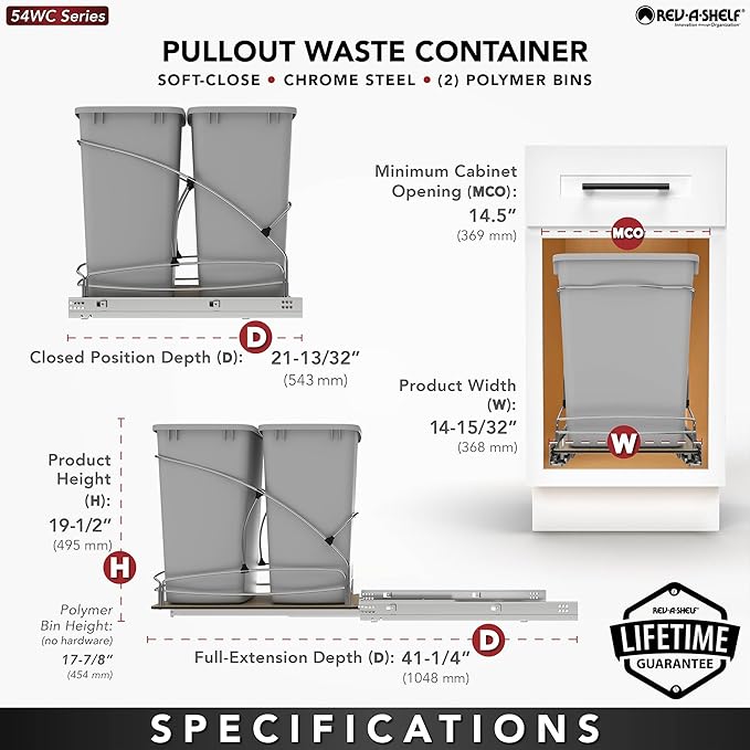 Rev-A-Shelf Steel Bottom Mount Double 35 Quart 8.75 Gallon Waste Bin Trash - Image 4