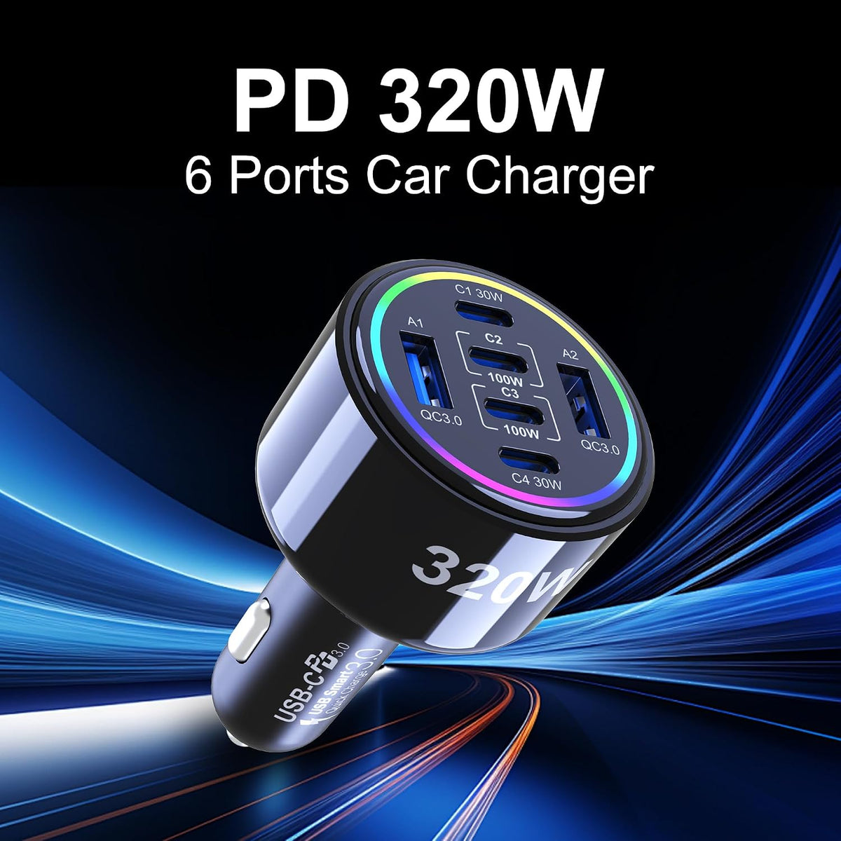320w usb c car charger, 6 ports type shown in use