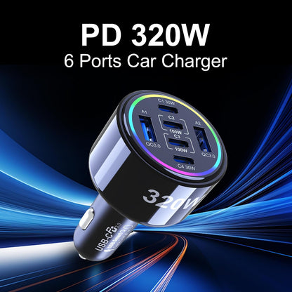 320w usb c car charger, 6 ports type shown in use