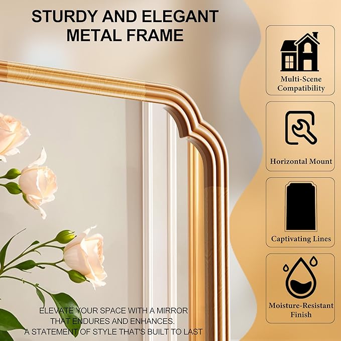 Wood Frame Wall Mirror for Bathroom, Rounded Corner Arch Rectangle Mirror for - Image 8
