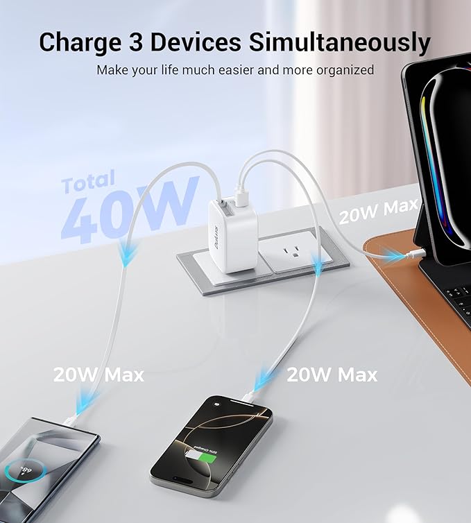 Retractable Wall Charger, 40W Dual Port QC3.0+PD Fast USB C Charging Block - Image 4