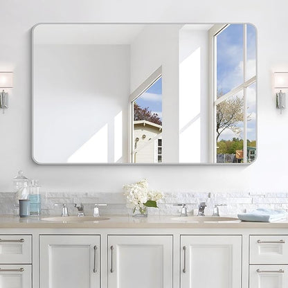 48x30 Inch Silver Bathroom Mirror, Metal Framed Silver Rectangle Mirrors by WelcometoCIVENO