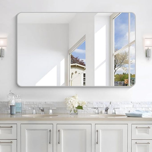 48x30 Inch Silver Bathroom Mirror, Metal Framed Silver Rectangle Mirrors by WelcometoCIVENO