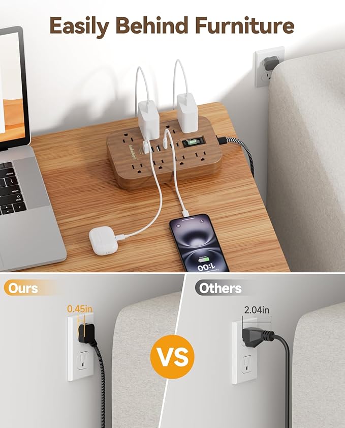Walnut Power Strip with USB Ports - 5 FT Wood Power Strip - Image 4