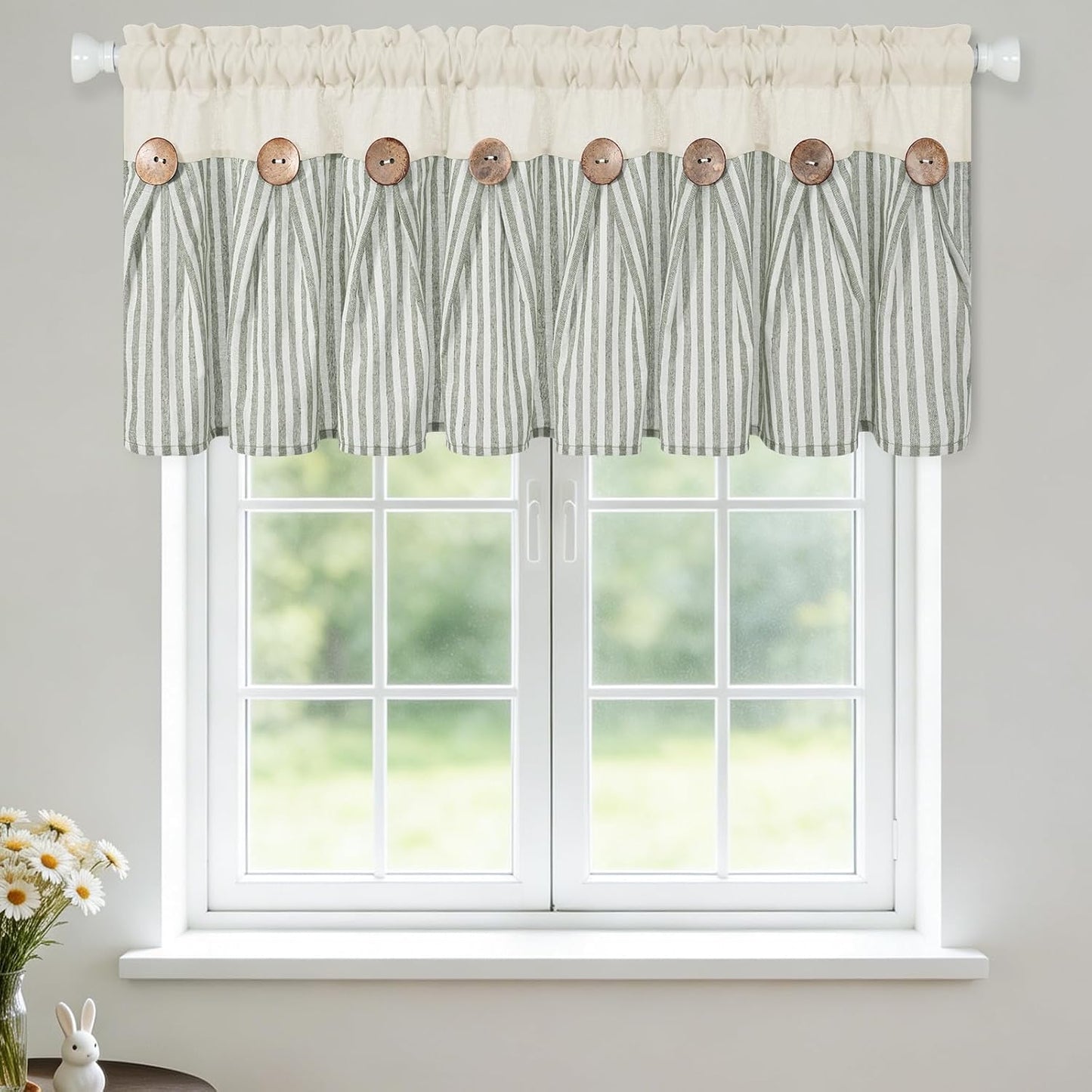 BLEUM CADE Farmhouse Valances for Windows, Cotton Linen Kitchen Curtains Valance, Boho Small Window Curtains for Kitchen, Bathroom, Cafe, Green Stripe Valance with Rustic Buttons, 52 x 18 Inch