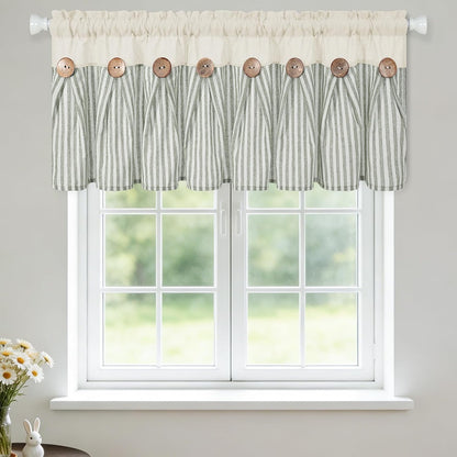 BLEUM CADE Farmhouse Valances for Windows, Cotton Linen Kitchen Curtains Valance, Boho Small Window Curtains for Kitchen, Bathroom, Cafe, Green Stripe Valance with Rustic Buttons, 52 x 18 Inch