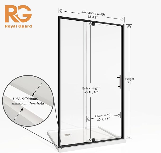 Pivot Shower Door, 38-42" W x 71" H Semi-Frameless Swing Glass Shower Door - Image 7