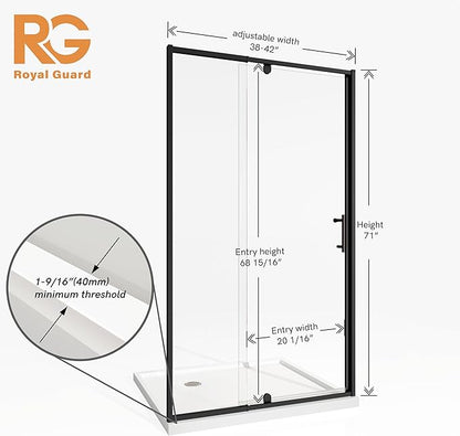 Pivot Shower Door, 38-42" W x 71" H Semi-Frameless Swing Glass Shower Door - Image 7