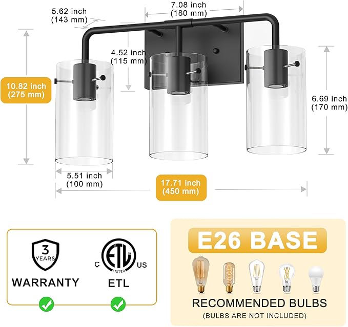 L LOHAS LED 3-Light Bathroom Light Fixtures, 17.71" Black Bathroom Vanity Light - Image 5
