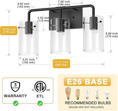L LOHAS LED 3-Light Bathroom Light Fixtures, 17.71" Black Bathroom Vanity Light - Image 5