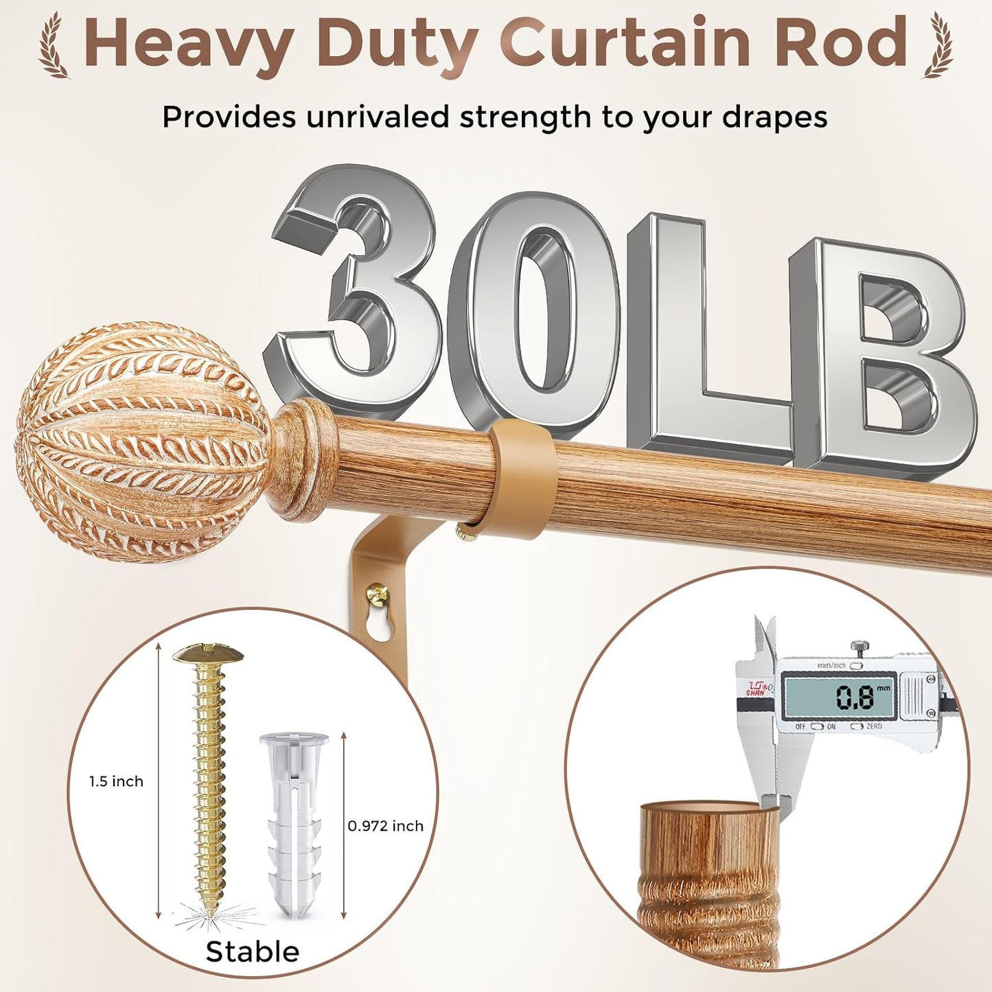 2 Pack Wood Curtain Rod for Windows 48 to 84 Inch, 1'' Diameter Adjustable Heavy Duty Rustic Farmhouse Drapery Rods with Boho Imitation Wooden Grain Decorative Finials, Size: 30''-88'' – Light Wood