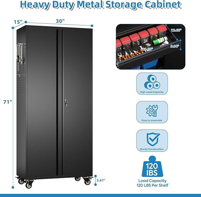 Garage Storage Cabinet with Wheels and Doors, Lockable Metal Storage Cabinet - Image 3