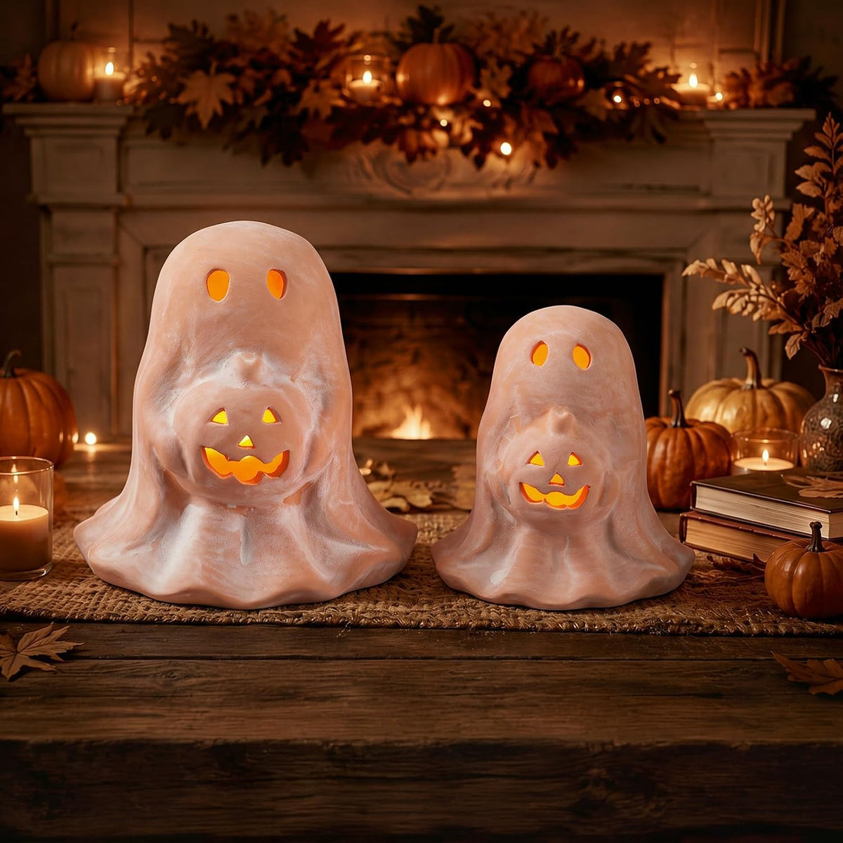 Tioncy 2 Pcs Halloween Terracotta Ghost Tealight Holder, Terracotta, Retro