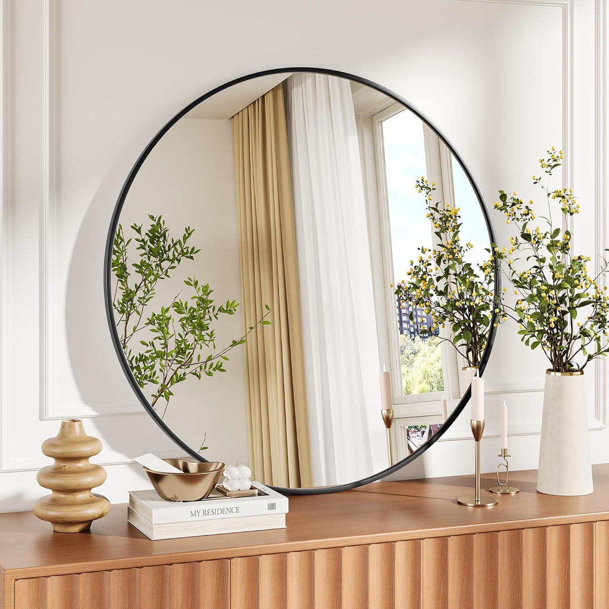 Simple Deluxe 36 Inch Round Bathroom Mirror, Black Vanity Mirror with Metal Frame, Modern Circle for Bathroom, Entryway, Bedroom, Living Room, Wall Mounted Decorative Mirrors (Black)