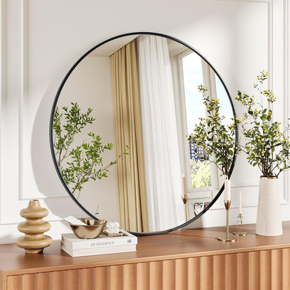 Simple Deluxe 36 Inch Round Bathroom Mirror, Black Vanity Mirror with Metal Frame, Modern Circle for Bathroom, Entryway, Bedroom, Living Room, Wall Mounted Decorative Mirrors (Black)