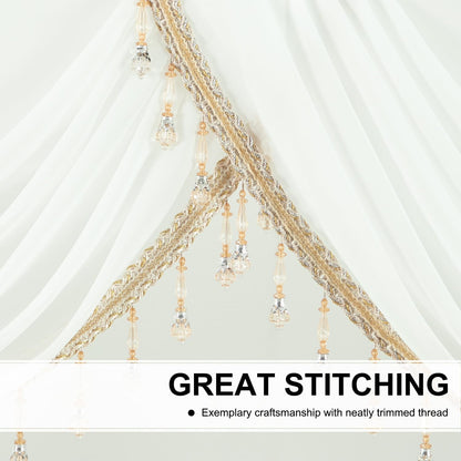 White Sheer Voile Waterfall Valance, Vintage Swag with Beaded Tassels, Extra Wide 138-Inch Window Curtain for French Doors, Bay Windows & Wedding Decor, 43" Drop