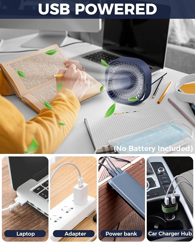 RJVW 4 Inch Small USB Desk Fan, 3-Speed Portable & 360°Rotatable Mini Cooling - Image 5
