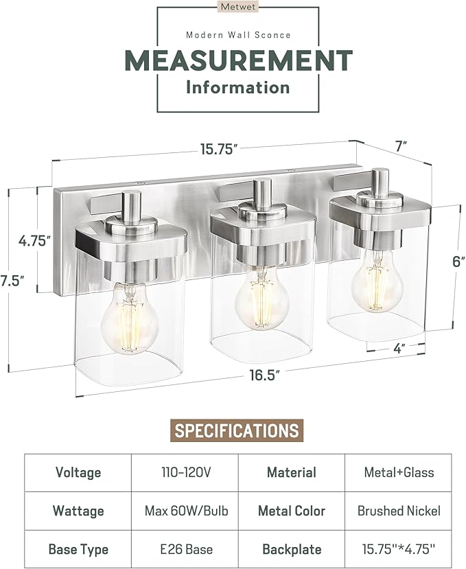 METWET Bathroom Light Fixtures, 3-Light Vanity Light - Image 2