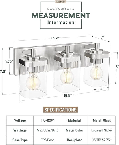 METWET Bathroom Light Fixtures, 3-Light Vanity Light - Image 2