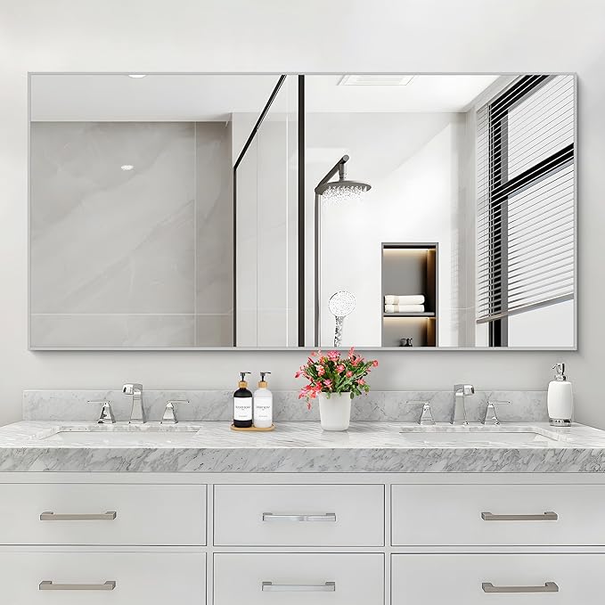 30x55In Silver Bathroom Mirror for Wall, Brushed Nickel Rectangle Mirrors - Image 2