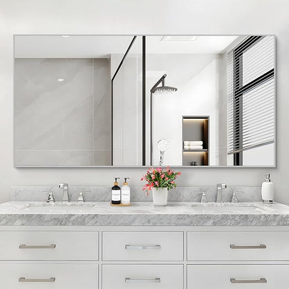 30x55In Silver Bathroom Mirror for Wall, Brushed Nickel Rectangle Mirrors - Image 2