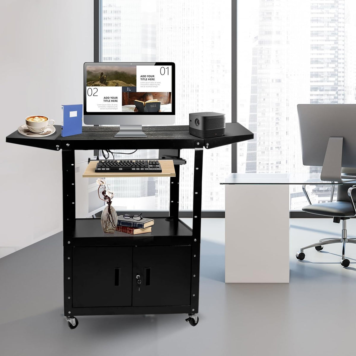Large Steel AV Cart with Locking Cabinet and Pullout Keyboard Tray, Adjustabl...