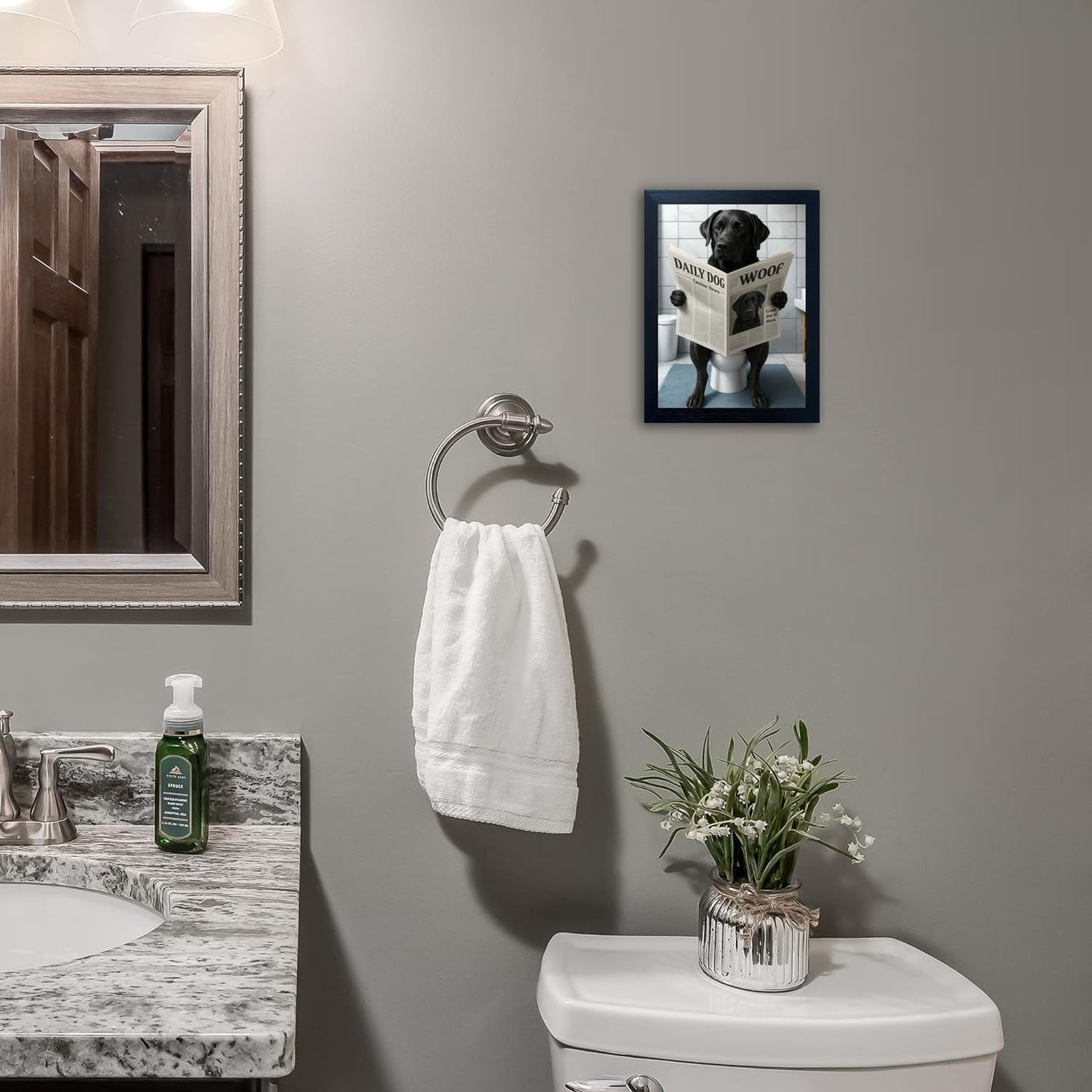 Funny Dog Bathroom Wall Art - Framed Black and White Bathroom Wall Decor, Humorous Dog Picture Wall Decor with Cute Animal Canvas, Modern Farmhouse Style Restroom Sign Art for Toilet & Washroom 8"x10"