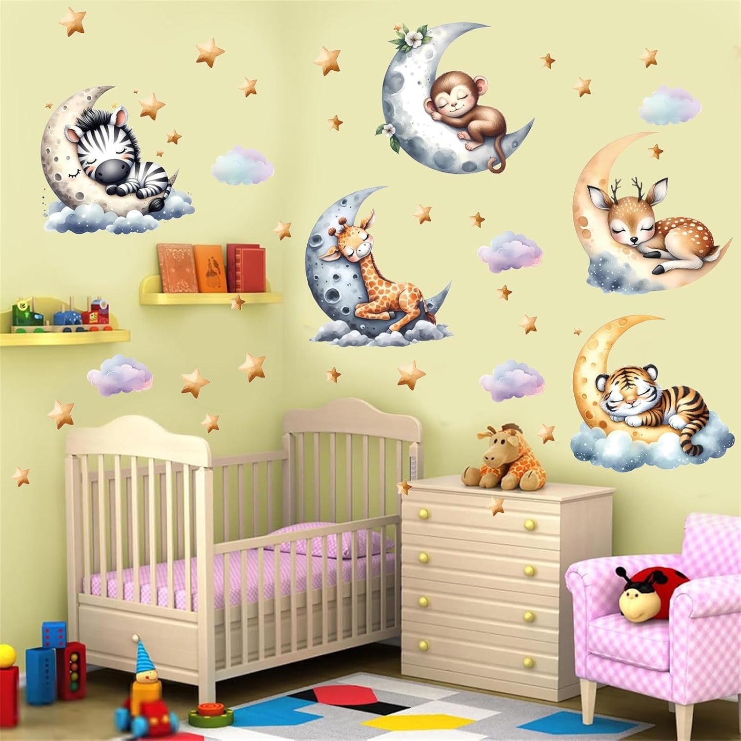 Jungle Animal Wall Decals for Nursery – Removable Safari Animal Stickers for Baby Room, Kids Bedroom & Playroom – Moon and Stars Animals Wall Art Decor for Boys and Girls