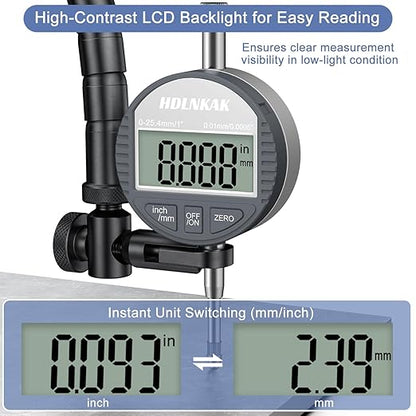 HDLNKAK Electronic Digital Dial Indicator Gauge Inch/Metric Conversion 0-1 - Image 3