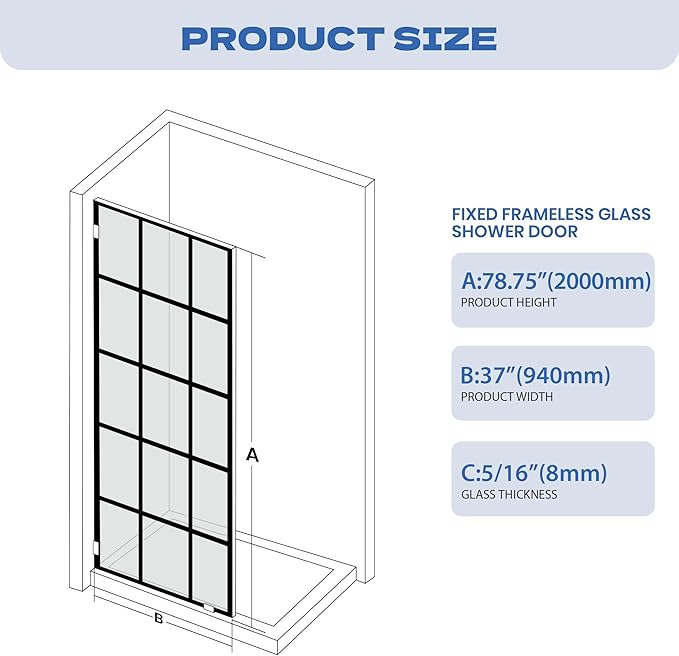 Bathroom Shower Door 37" W x 78.75" H, Frameless Fixed 3/8" Thick Clear - Image 3