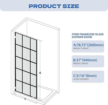 Bathroom Shower Door 37" W x 78.75" H, Frameless Fixed 3/8" Thick Clear - Image 3