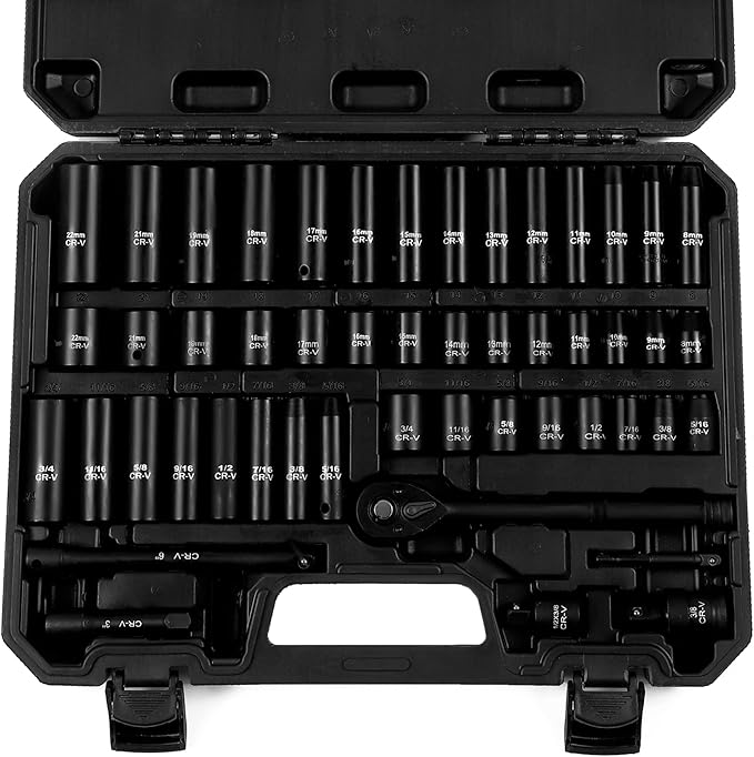 50-Piece 3/8" Drive Socket Set, SAE & Metric, Deep & Shallow, 72-Tooth Ratchet by Reniteco