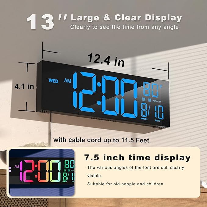 JALL 13" Large Digital Wall Mount Clock, Count Down Timer, Big LED, Temperature - Image 2