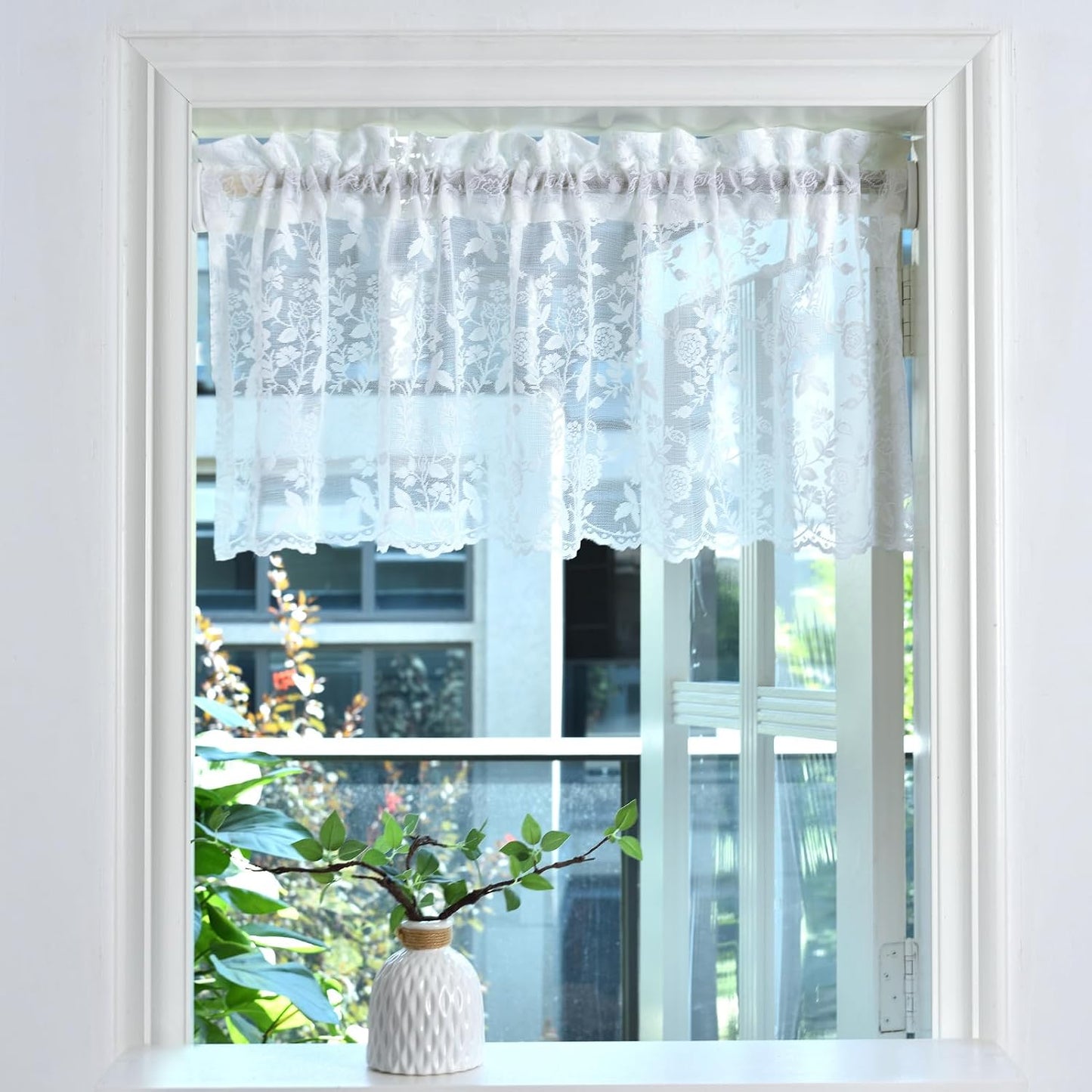 FINECITY White Lace Valance for Kitchen Window W52 x L18 Inch 1 Panel | Rod Pocket, Open Knit Layers, Daylight Eased, Fresh Look Adds Country Charm, Short Valance Keeps Glass Open, Privacy