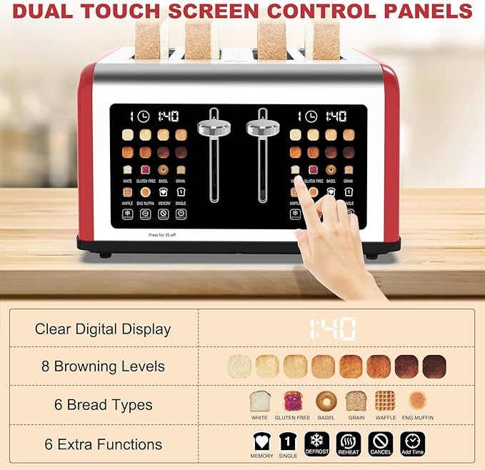 4 Slice Toaster Touch Screen, Stainless Steel Toasters Digital Timer, Dual - Image 5