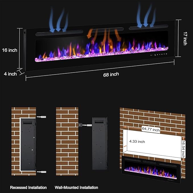 68" Electric Fireplace Wall Mounted and Recessed - Image 4