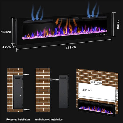 68" Electric Fireplace Wall Mounted and Recessed - Image 4