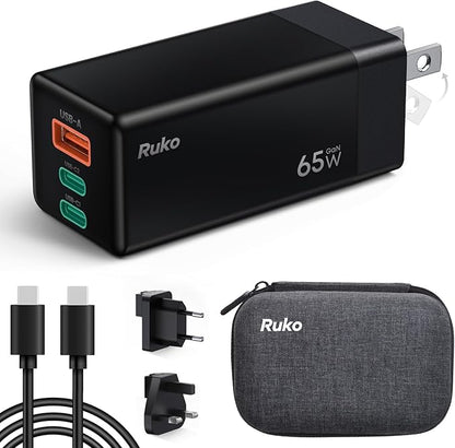 Ruko 65W USB C Charger, 3 Port International Travel Charger Kit, GaN Fast by Ruko