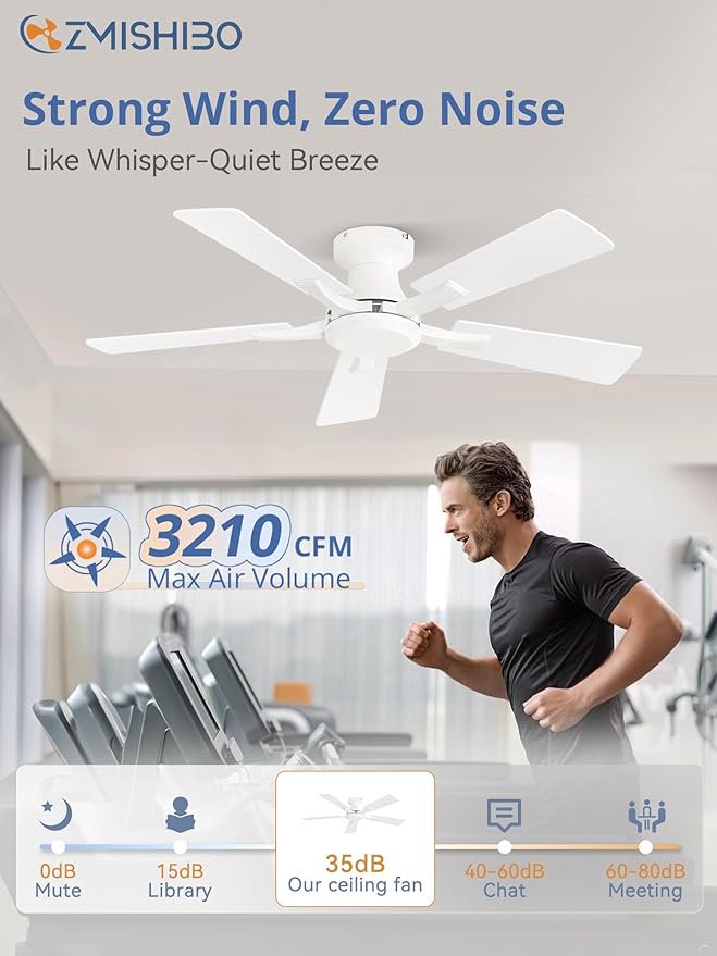 ZMISHIBO 42 Inch Ceiling Fan No Light, Flush Mount Low Profile, Modern White - Image 3