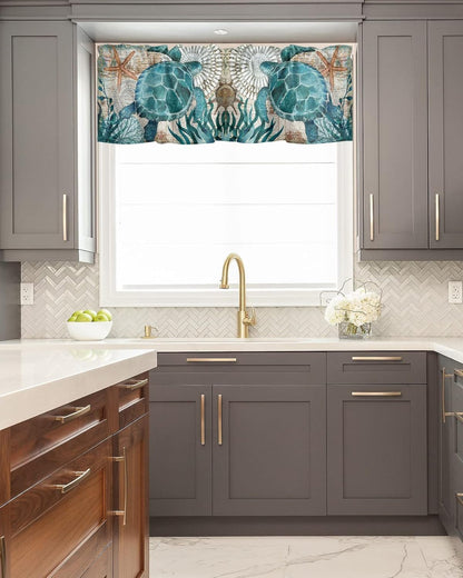 Nautical Turtle Curtains Valances for Bedroom Living Room,Starfish Curtains valance & Drapes Rod Pocket ,Seaweed Nautical Map Texture Valances for Kitchen Windows Curtain Over Sink 54x18in,1 Panel