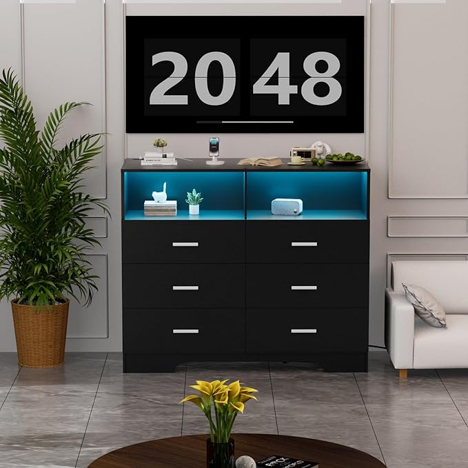 Dresser with Power Outlets and LED Lights Wooden 6 Drawer Dresser with Large - Image 2